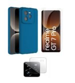 3 in 1 Combo Pack for Realme GT 7 Pro 5G – Silicone Blue (Back Cover + Camera Lens Protector + Tempered Glass)