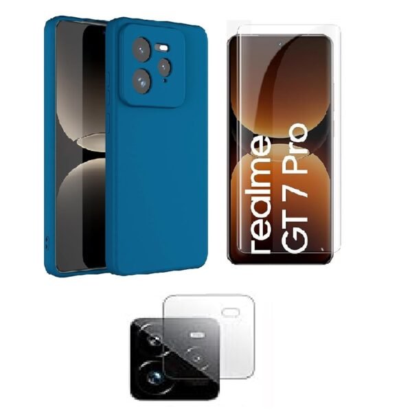 3 in 1 Combo Pack for Realme GT 7 Pro 5G – Silicone Blue (Back Cover + Camera Lens Protector + Tempered Glass)