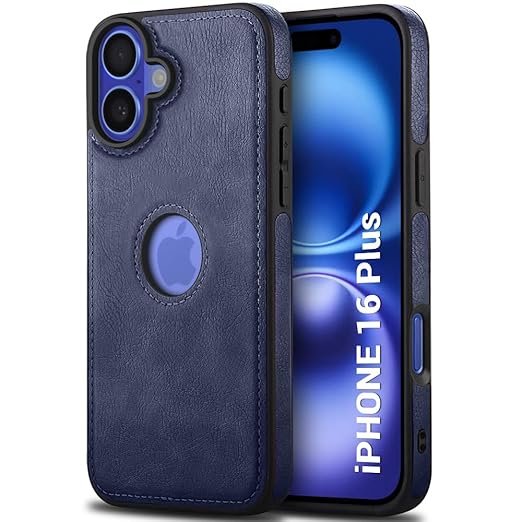 Leather Finish Back Cover Case for iPhone 16 Plus | Shockproof Design | Raised Edges for Camera & Screen Protection (Blue)