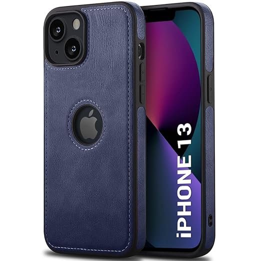 Genuine Leather Finish iPhone 13 Back Cover Case | Shockproof Design | Raised Edges for Camera & Screen Protection (Blue)