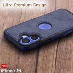 Leather Finish Back Cover Case for iPhone 16 | Shockproof Design | Raised Edges for Camera & Screen Protection (Blue)