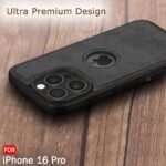 Leather Finish Back Cover Case for iPhone 16 Pro | ShockProof Design | Raised Edges for Camera & Screen Protection (Black)- Logo