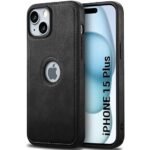 Leather Finish iPhone 15 Plus Back Cover Case | Shockproof Design | Raised Edges for Camera & Screen Protection | Stunning Minimalist Design Back Case (Black)- Logo
