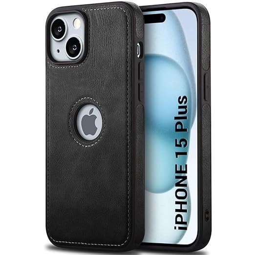 Leather Finish iPhone 15 Plus Back Cover Case | Shockproof Design | Raised Edges for Camera & Screen Protection | Stunning Minimalist Design Back Case (Black)- Logo