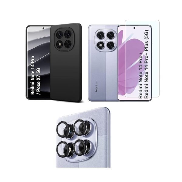 Mi Redmi Note 14 Pro 5G / Poco X7 5G - Silicone Black Back Cover Case | 3-in-1 Combo (Tempered Glass & Camera Lens)