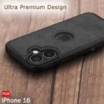 Leather Finish Back Cover Case for iPhone 16 | Shockproof Design | Raised Edges for Camera & Screen Protection (Black)