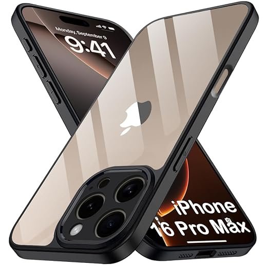 iPhone 16 Pro Max | 360° Protection | Crystal Clear Hard Back Cover Case (PC & TPU, Transparent Clear Back, Black Sides)