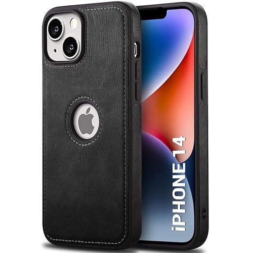 Leather Finish iPhone 14 Back Cover Case | Shockproof Design | Raised Edges for Camera & Screen Protection (Black)