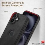 Leather Finish Back Cover Case for iPhone 16 Plus | Shockproof Design | Raised Edges for Camera & Screen Protection (Black)