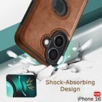 Leather Finish Back Cover Case for iPhone 16 | Shockproof Design | Raised Edges for Camera & Screen Protection (Brown)