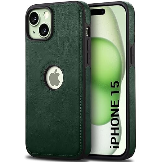 Leather Finish iPhone 15 Back Cover Case | Shockproof Design | Raised Edges for Camera & Screen Protection | Stunning Minimalist Design Back Cover (Green)