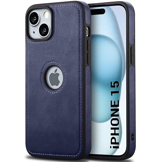Leather Finish iPhone 15 Back Cover Case | Shockproof Design | Raised Edges for Camera & Screen Protection | Stunning Minimalist Design Back Cover (Blue)