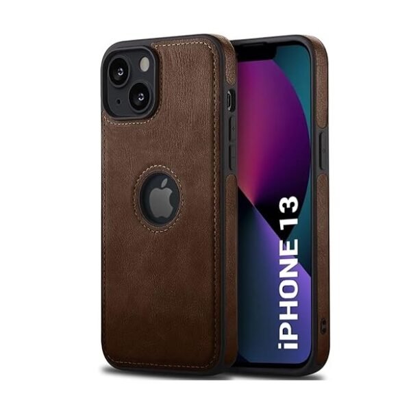 Genuine Leather Finish iPhone 13 Back Cover Case | Shockproof Design | Raised Edges for Camera & Screen Protection (Brown)