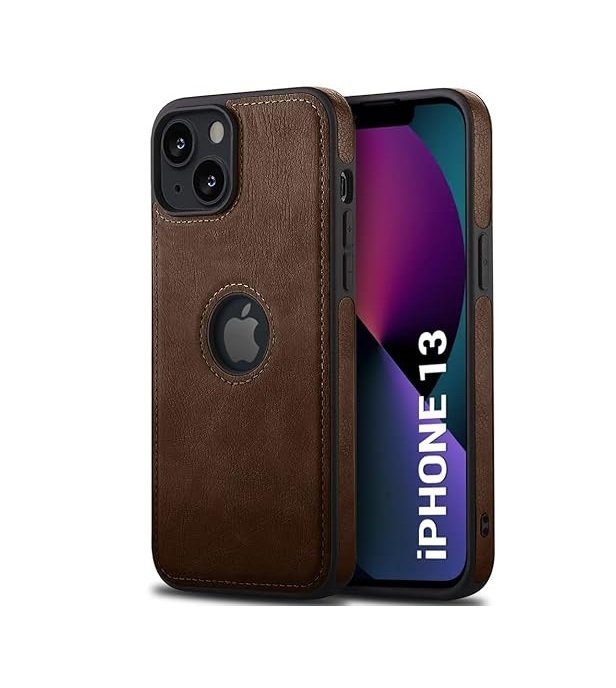 Genuine Leather Finish iPhone 13 Back Cover Case | Shockproof Design | Raised Edges for Camera & Screen Protection (Brown)