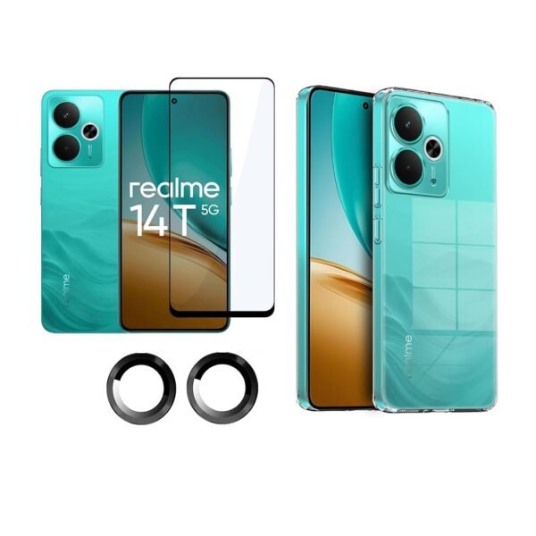 Realme 14T 5G Transparent Back Cover + Tempered Glass + Camera Lens Protector Combo pack