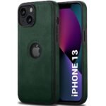 Genuine Leather Finish iPhone 13 Back Cover Case | Shockproof Design | Raised Edges for Camera & Screen Protection (Green)
