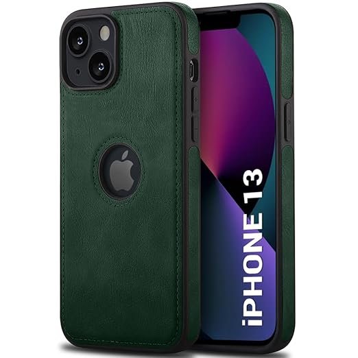 Genuine Leather Finish iPhone 13 Back Cover Case | Shockproof Design | Raised Edges for Camera & Screen Protection (Green)