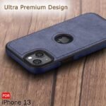 Genuine Leather Finish iPhone 13 Back Cover Case | Shockproof Design | Raised Edges for Camera & Screen Protection (Blue)