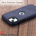 Leather Finish iPhone 15 Plus Back Cover Case | Shockproof Design | Raised Edges for Camera & Screen Protection | Stunning Minimalist Design Back Case (Blue)- Logo