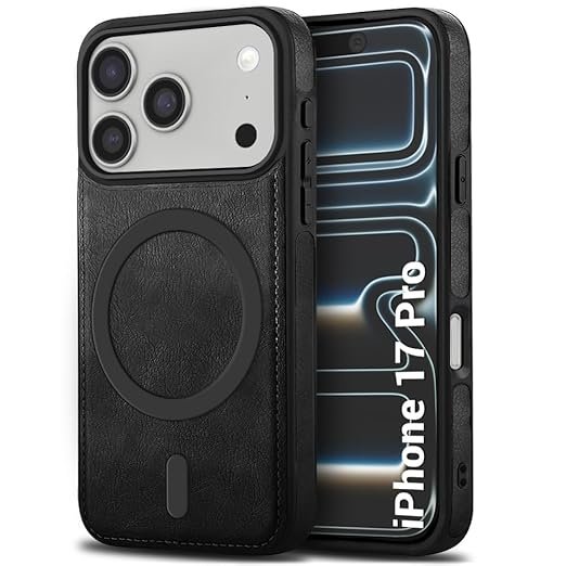 Genuine Leather Finish Back Cover Case for iPhone 17 Pro | Shockproof Design | Raised Edges for Camera & Screen Protection (MagSafe Compatible, Black)