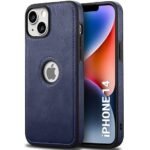 Leather Finish iPhone 14 Back Cover Case | Shockproof Design | Raised Edges for Camera & Screen Protection (Blue)