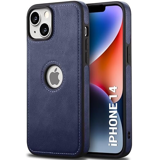 Leather Finish iPhone 14 Back Cover Case | Shockproof Design | Raised Edges for Camera & Screen Protection (Blue)