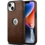 Leather Finish iPhone 14 Back Cover Case | Shockproof Design | Raised Edges for Camera & Screen Protection (Brown)