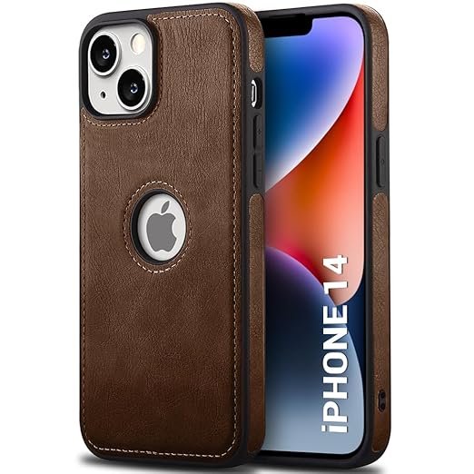 Leather Finish iPhone 14 Back Cover Case | Shockproof Design | Raised Edges for Camera & Screen Protection (Brown)