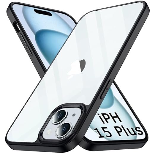 Shockproof Sleek Armor Back Cover Case for iPhone 15 Plus | 360° Protection | Crystal Clear Hard Back Cover (PC & TPU, Transparent Clear Back, Black Sides)