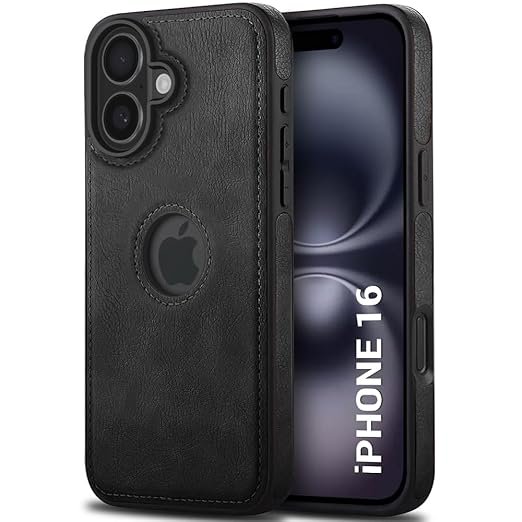 Leather Finish Back Cover Case for iPhone 16 | Shockproof Design | Raised Edges for Camera & Screen Protection (Black)