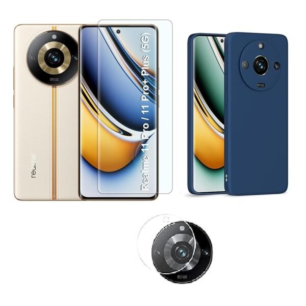 3 in 1 Combo Pack for Realme 11 Pro 5G – Silicone Blue (Back Cover + Camera Lens Protector + Tempered Glass)
