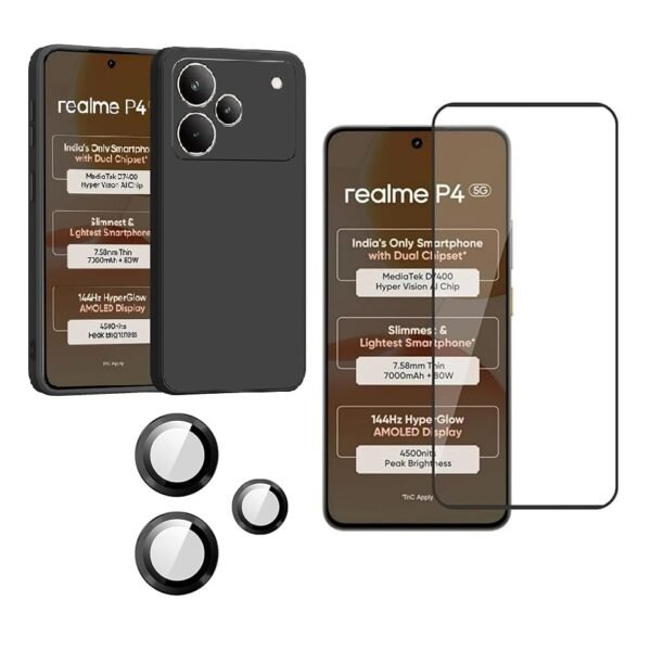 3 in 1 Combo Pack for Realme P4 5G – Silicone Black (Back Cover + Camera Lens Protector + Tempered Glass)