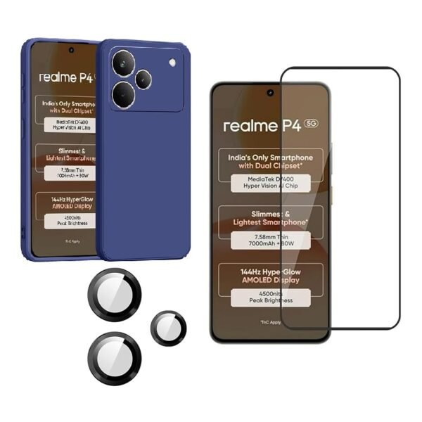3 in 1 Combo Pack for Realme P4 5G – Silicone Blue (Back Cover + Camera Lens Protector + Tempered Glass)