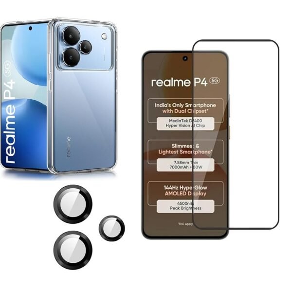 3 in 1 Combo Pack for Realme P4 5G – Transparent Back Cover (Back Cover + Camera Lens Protector + Tempered Glass)