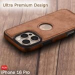 Leather Finish Back Cover Case for iPhone 16 Pro | ShockProof Design | Raised Edges for Camera & Screen Protection (Brown)- Logo