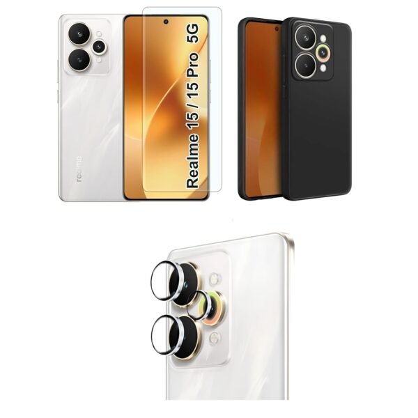 Realme 15 Pro 5G - Siliconme Black Back Cover + Tempered Glass + Camera Lens Protector Combo Pack.