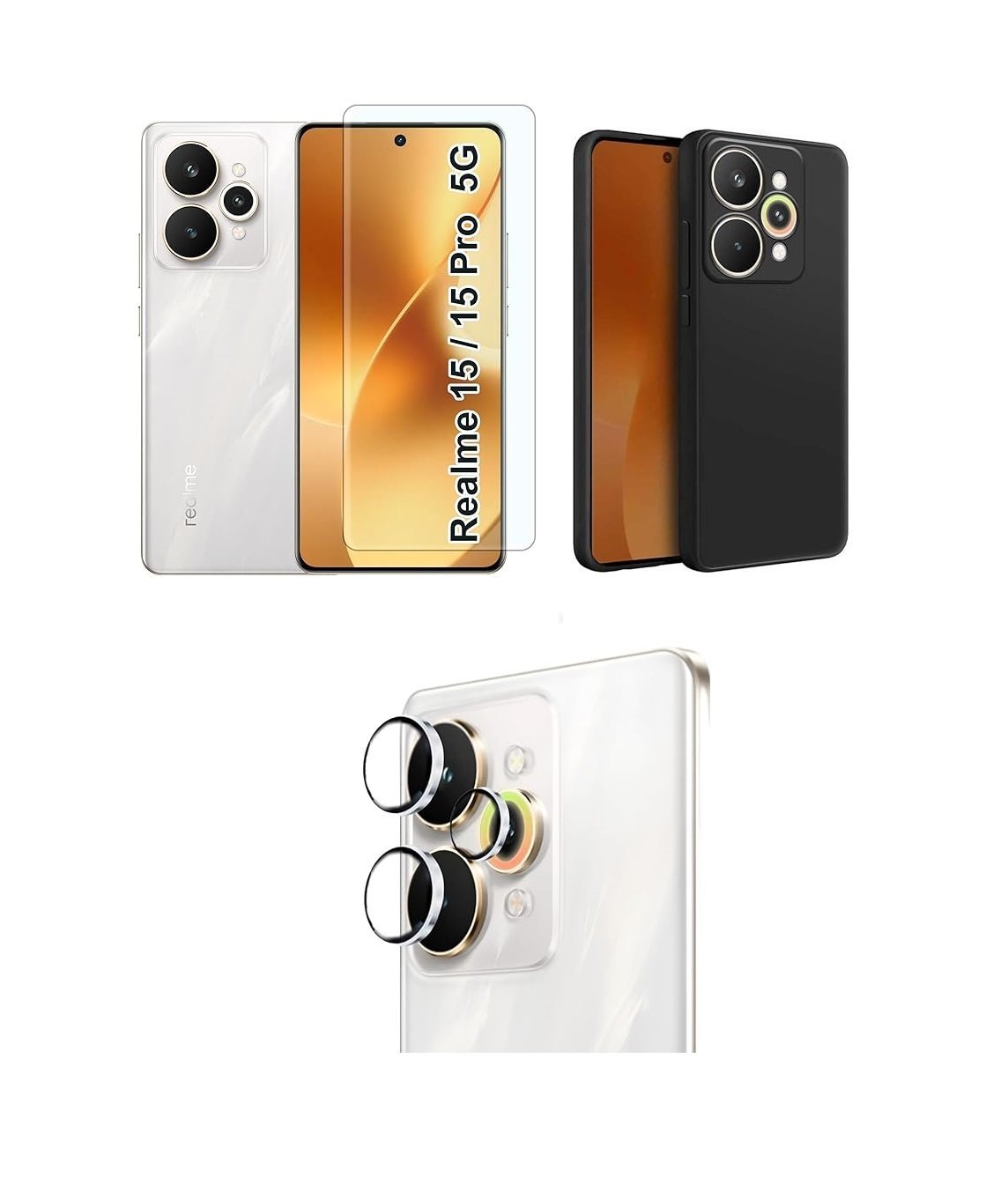 Realme 15 Pro 5G - Siliconme Black Back Cover + Tempered Glass + Camera Lens Protector Combo Pack. Realme 15 Pro 5G - Siliconme Black Back Cover + Tempered Glass + Camera Lens Protector Combo Pack.