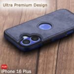 Leather Finish Back Cover Case for iPhone 16 Plus | Shockproof Design | Raised Edges for Camera & Screen Protection (Blue)