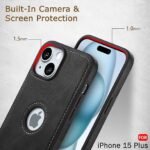 Leather Finish iPhone 15 Plus Back Cover Case | Shockproof Design | Raised Edges for Camera & Screen Protection | Stunning Minimalist Design Back Case (Black)- Logo