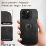 Leather Finish Back Cover Case for iPhone 16 Pro | ShockProof Design | Raised Edges for Camera & Screen Protection (Black)- Logo