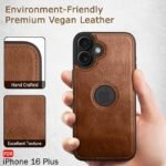 Leather Finish Back Cover Case for iPhone 16 Plus | Shockproof Design | Raised Edges for Camera & Screen Protection (Brown)