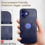 Leather Finish Back Cover Case for iPhone 16 Plus | Shockproof Design | Raised Edges for Camera & Screen Protection (Blue)