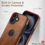 Leather Finish Back Cover Case for iPhone 16 Plus | Shockproof Design | Raised Edges for Camera & Screen Protection (Brown)