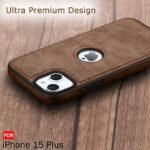 Leather Finish iPhone 15 Plus Back Cover Case | Shockproof Design | Raised Edges for Camera & Screen Protection | Stunning Minimalist Design Back Case (Brown)- Logo