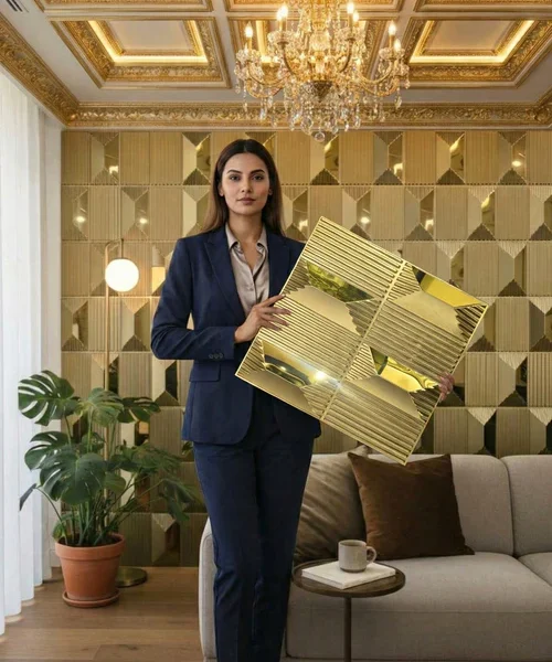 14 Stone - 3D PVC Panel Stone (Mirror) Wallpaper- Champagne Gold Mirror (Pack of 1)