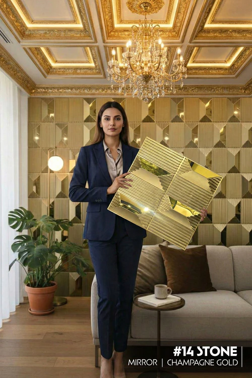 14 Stone - 3D PVC Panel Stone (Mirror) Wallpaper- Champagne Gold Mirror (Pack of 1)