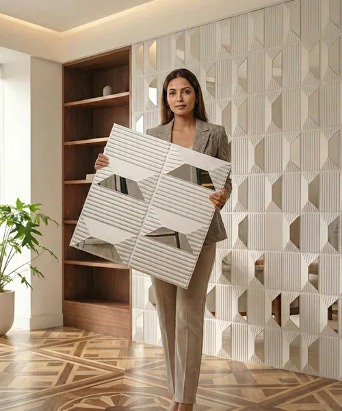 14 Stone - 3D PVC Panel Stone (Mirror) Wallpaper- White Mirror (Pack of 1)