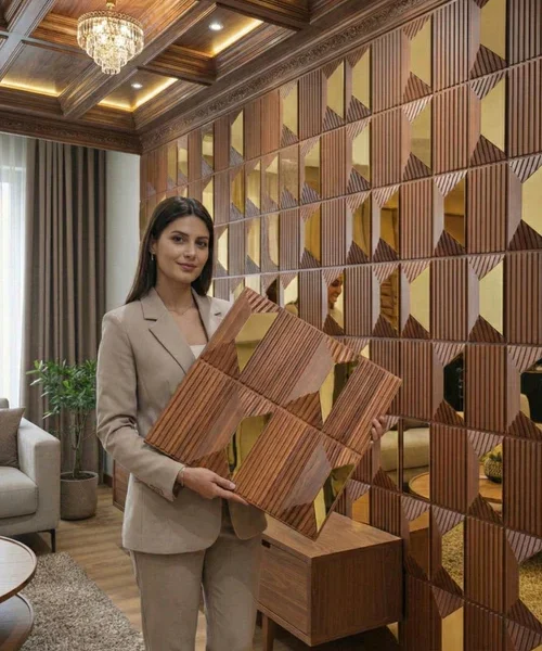 14 Stone - 3D PVC Panel Stone (Mirror) Wallpaper- Wooden W1 Mirror (Pack of 1)