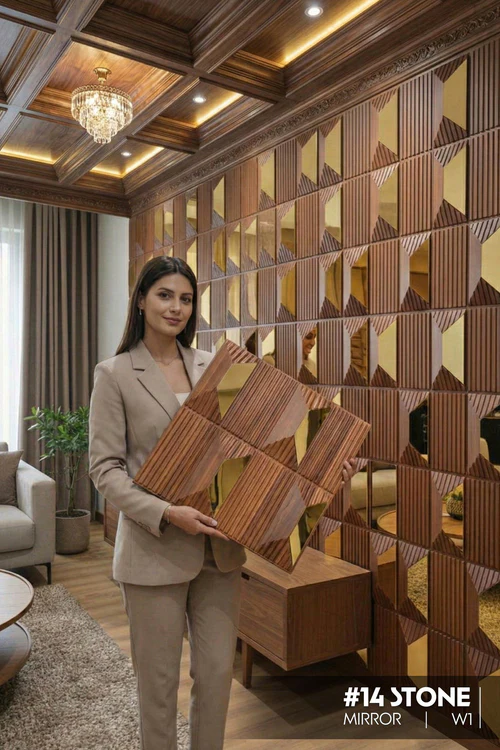 14 Stone - 3D PVC Panel Stone (Mirror) Wallpaper- Wooden W1 Mirror (Pack of 1)